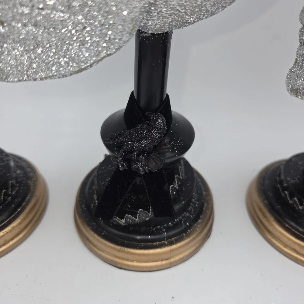 Vintage Lots of 3 Glittered Skull Head Blow Mold w/ Stand Prop Halloween Decor